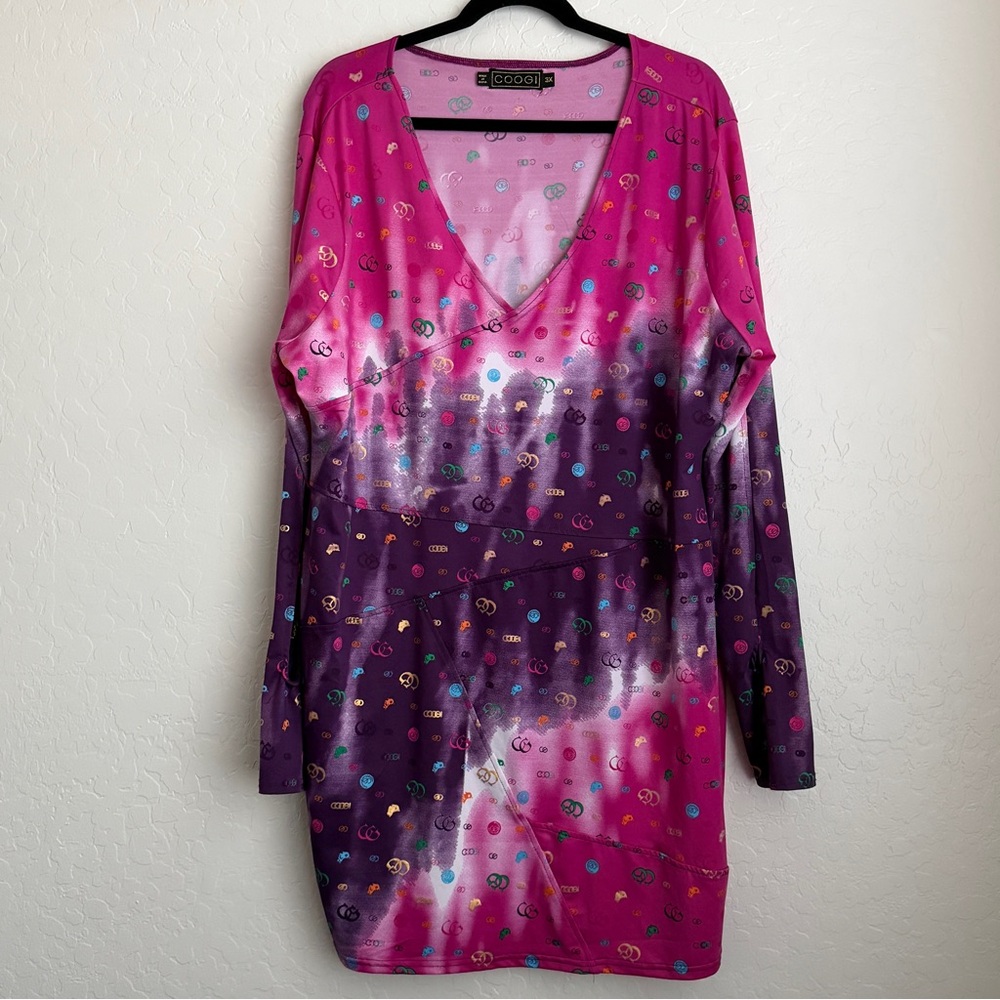 COOGI Women's V-Neck Tie Dye Cut Out Gold Chain Sleeve Mini Dress Pink Purple 3x